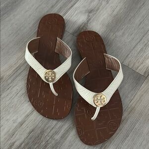Tory Burch Cream and Brown Sandals with Logo Medallion